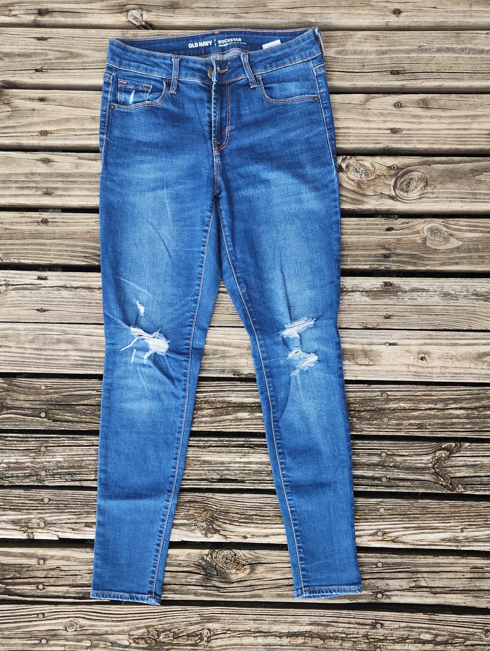Old Navy Rockstar Mid-Rise Distressed Skinny Jeans Blue Denim Stretch Casual 4